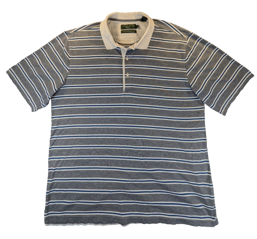 Nicklaus Golf Polo Shirt Men's Large Gray Blue Stripes Double Mercerized Cotton